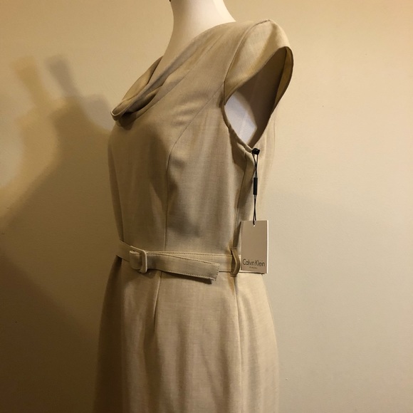 NWT Calvin Klein Tan Cowl Neck Cap Sleeve Dress - Picture 6 of 9